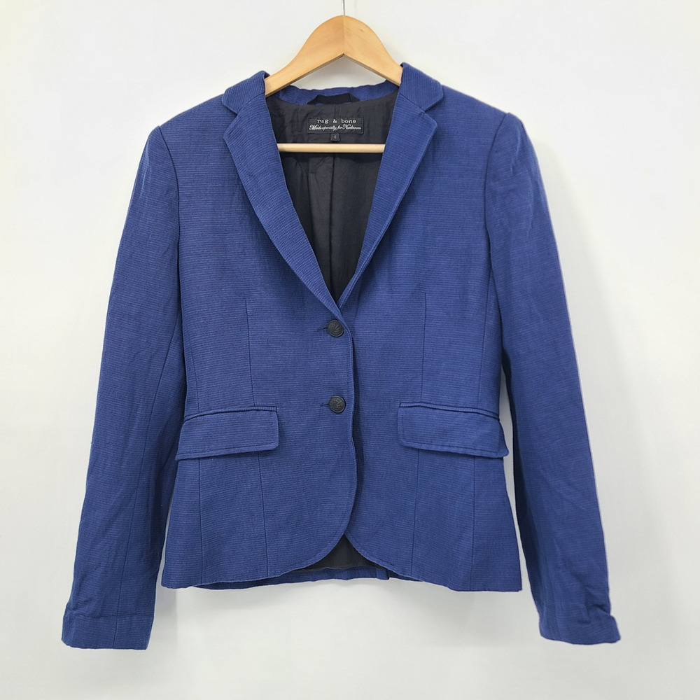 Rag & Bone Cotton Linen Blazer Jacket Blue Academia Capsule Wardrobe Size 4